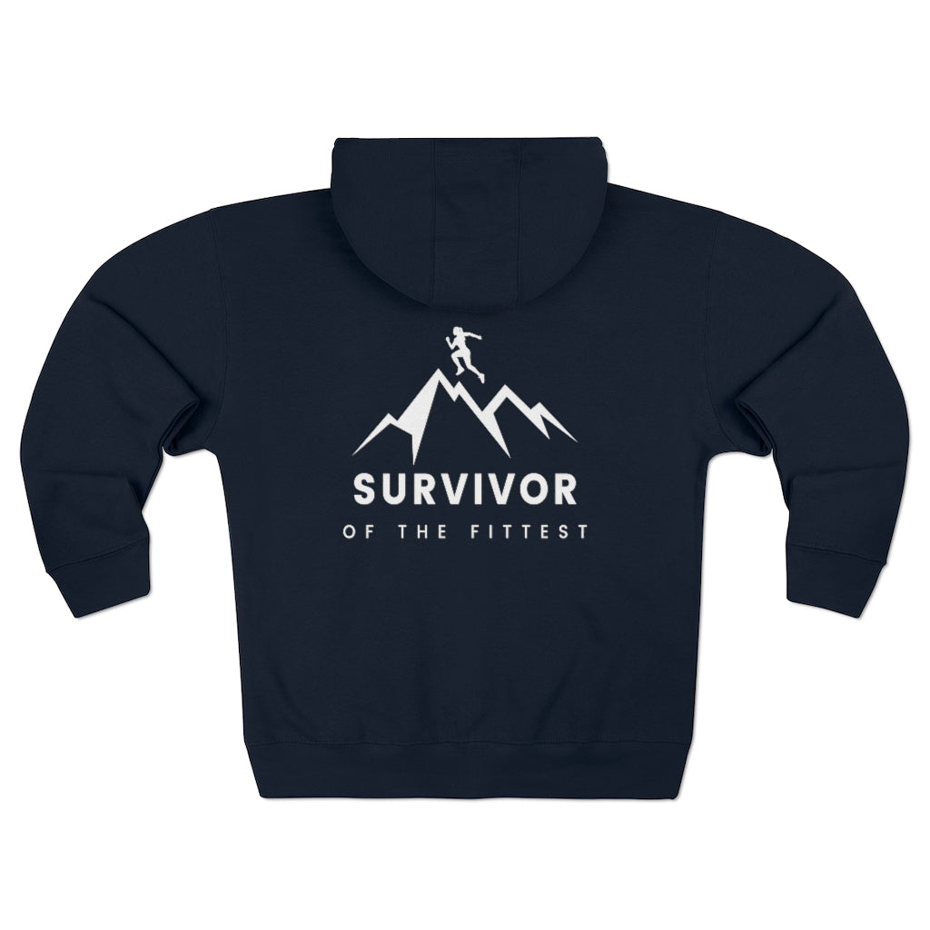 Survivor of the Fittest Unisex Premium Full Zip Hoodie, Light Text