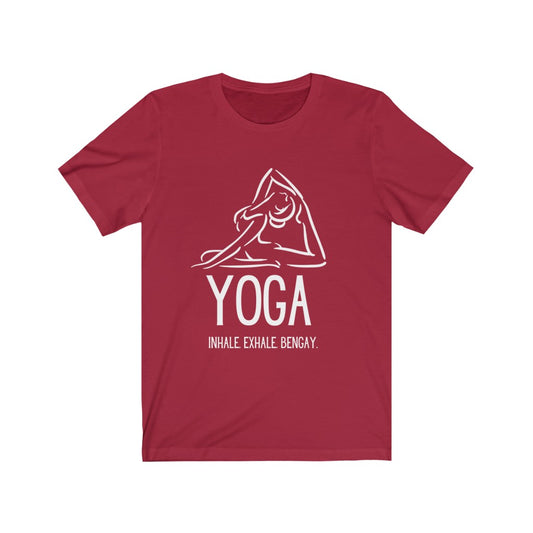 "Inhale. Exhale. Bengay." Yoga Unisex Jersey Short Sleeve Tee