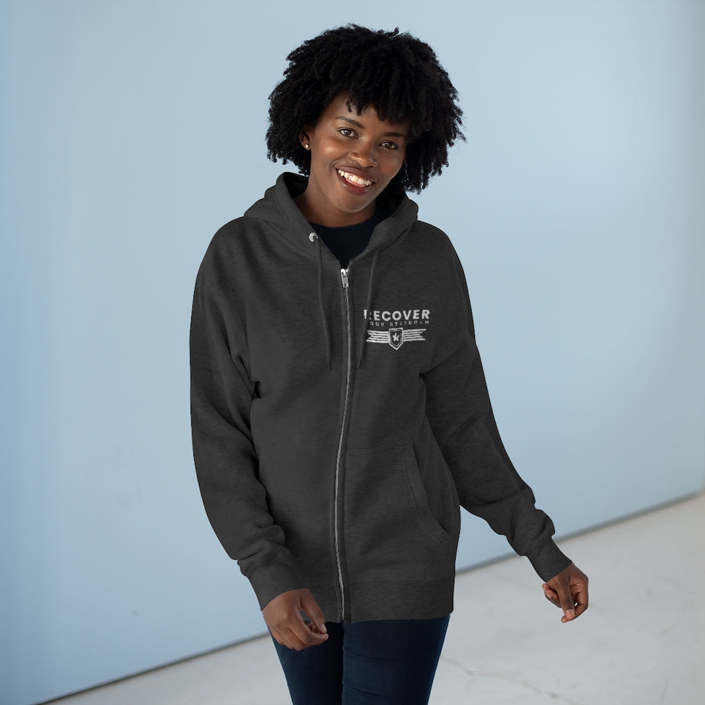 Survivor of the Fittest Unisex Premium Full Zip Hoodie, Light Text