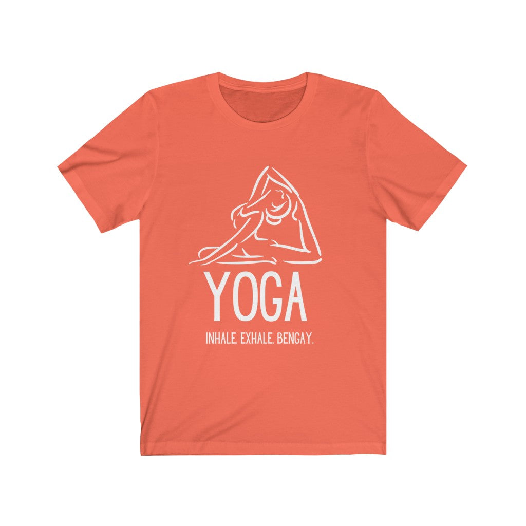 "Inhale. Exhale. Bengay." Yoga Unisex Jersey Short Sleeve Tee