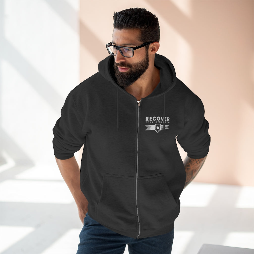 Survivor of the Fittest Unisex Premium Full Zip Hoodie, Light Text